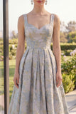 Thick Straps Jacquard Long A Line Dusty Blue Floral Wedding Guest Dress