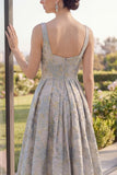 Thick Straps Jacquard Long A Line Dusty Blue Floral Wedding Guest Dress