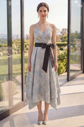 Asymmetrical Jacquard V-Neck A Line Dusty Blue Floral Wedding Guest Dress with Bow