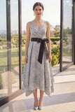 Asymmetrical Jacquard V-Neck A Line Dusty Blue Floral Wedding Guest Dress with Bow