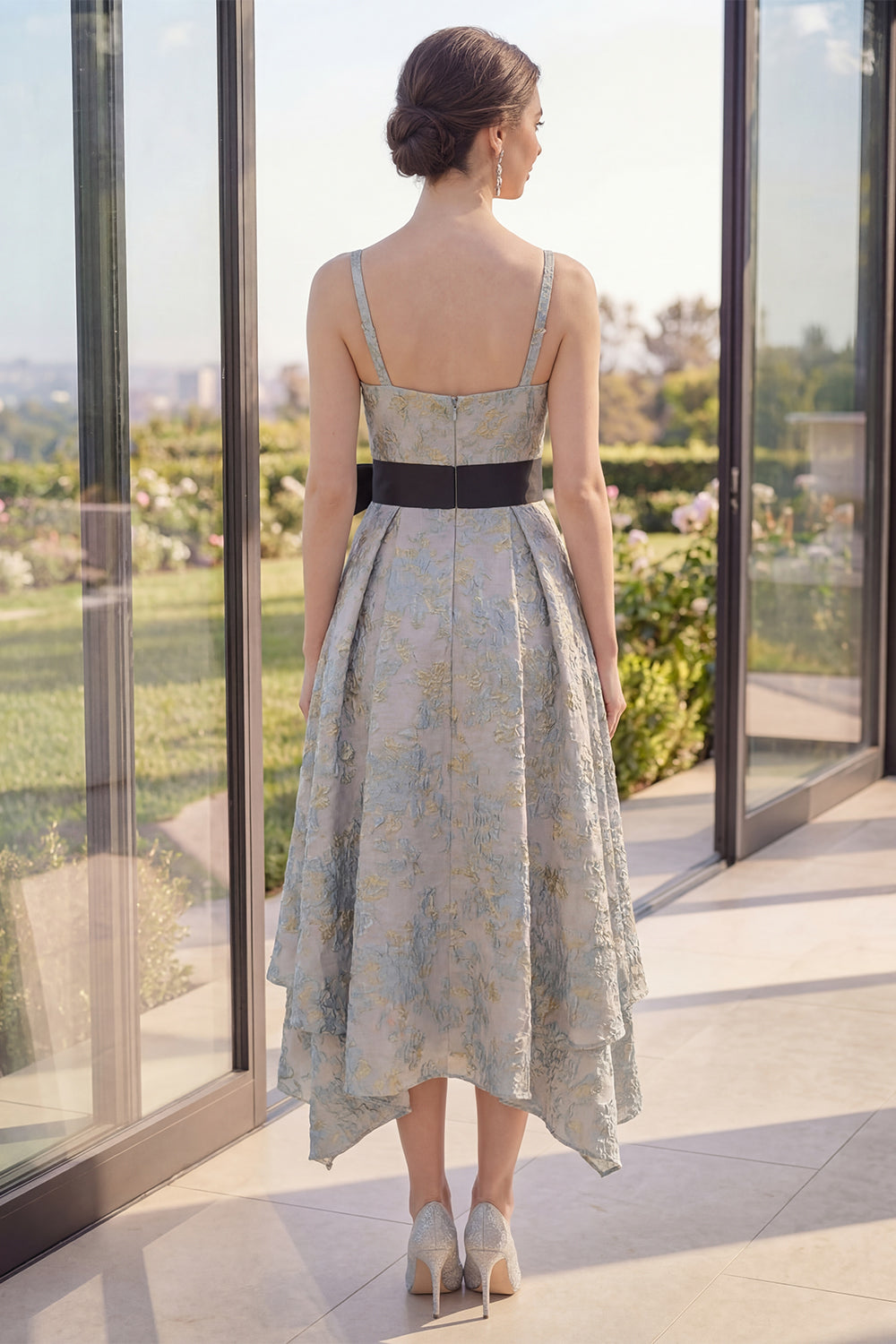Asymmetrical Jacquard V-Neck A Line Dusty Blue Floral Wedding Guest Dress with Bow