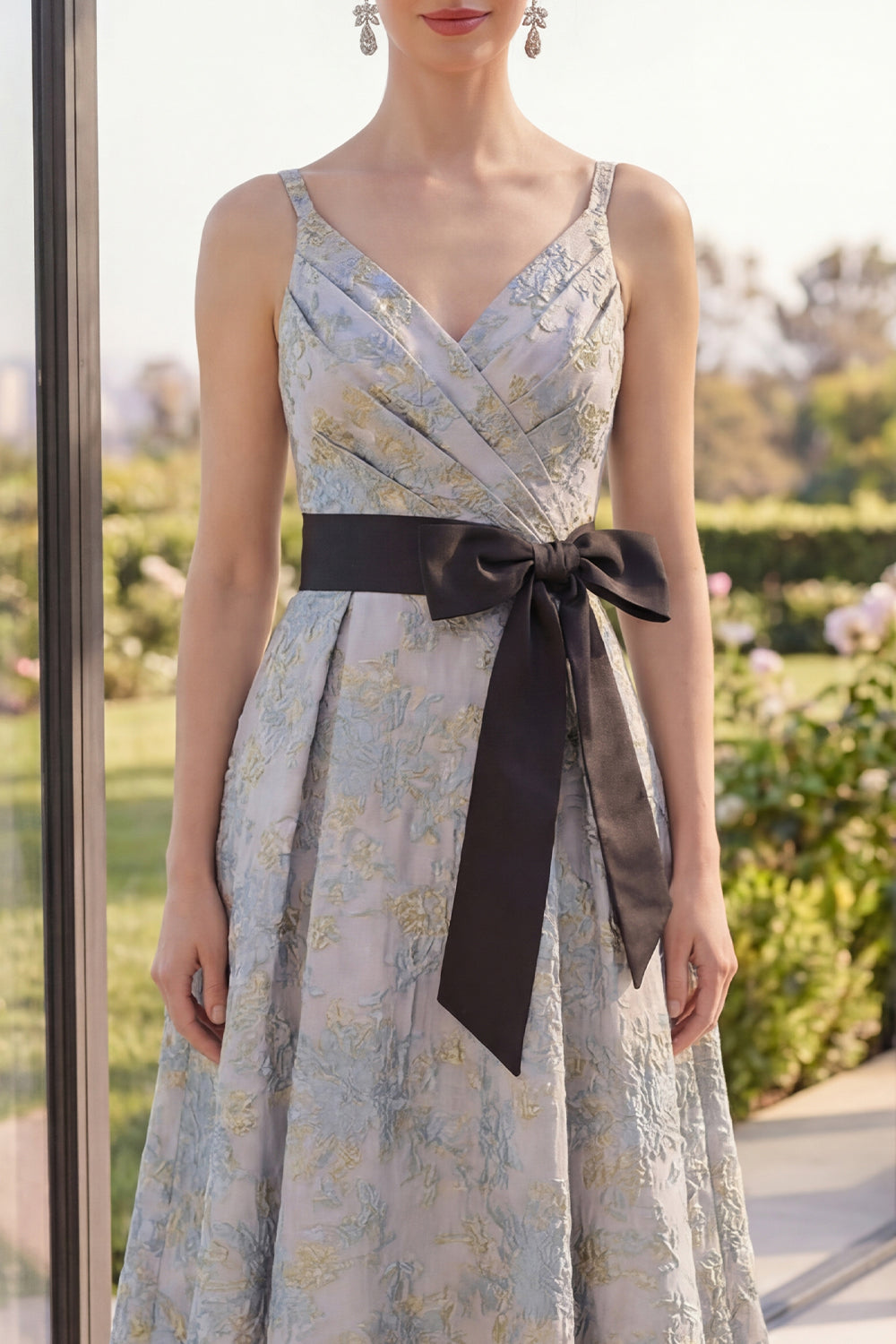Asymmetrical Jacquard V-Neck A Line Dusty Blue Floral Wedding Guest Dress with Bow
