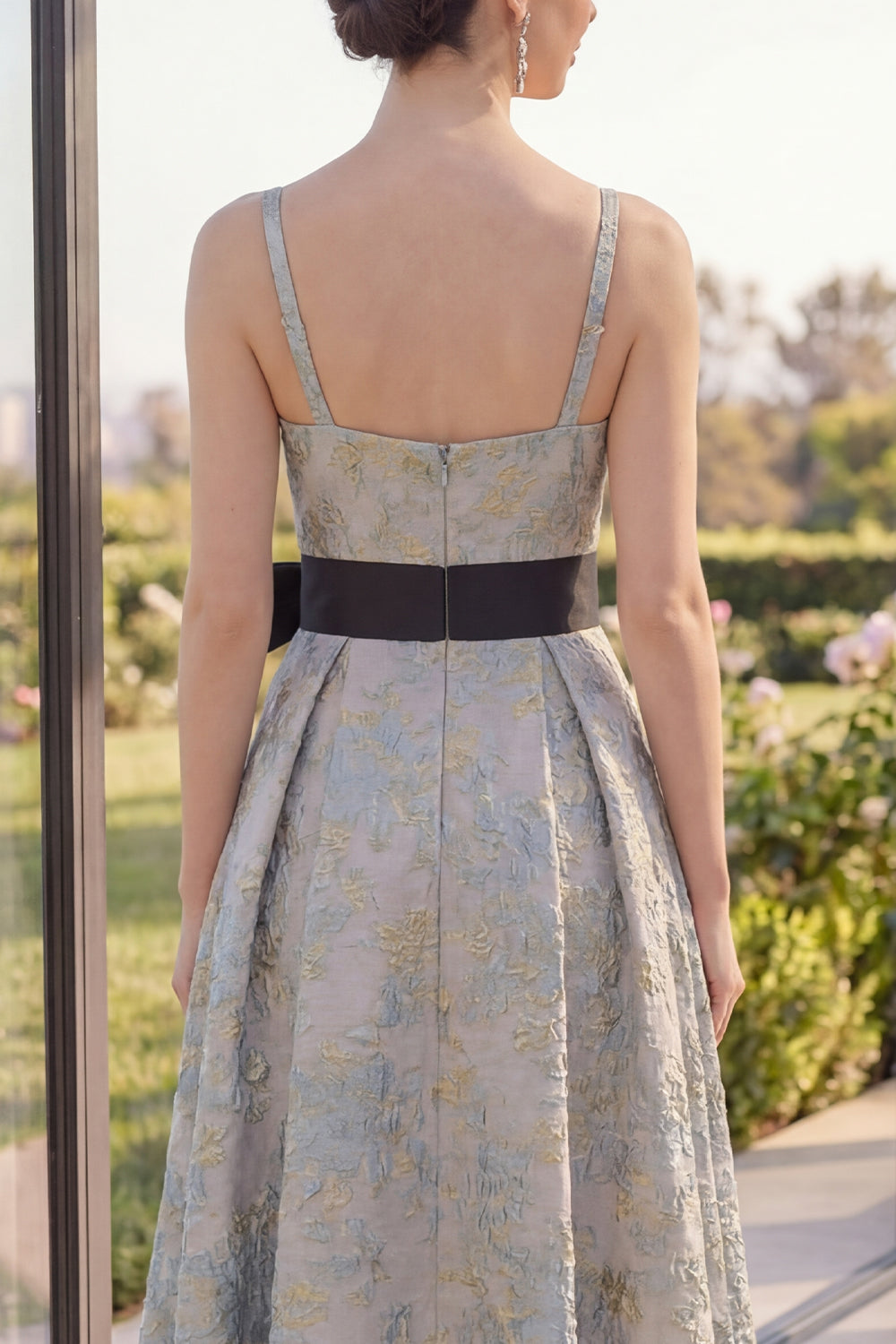 Asymmetrical Jacquard V-Neck A Line Dusty Blue Floral Wedding Guest Dress with Bow