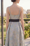 Asymmetrical Jacquard V-Neck A Line Dusty Blue Floral Wedding Guest Dress with Bow