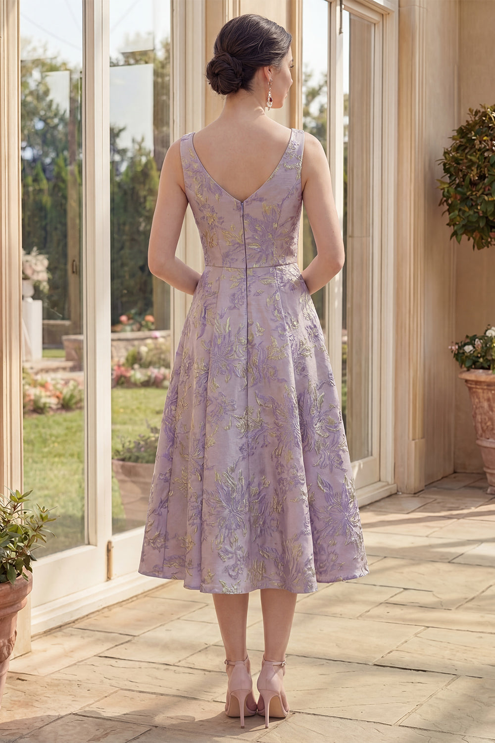 Thick Straps Jacquard Maxi A Line Dusty Lilac Floral Wedding Guest Dress
