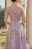 Thick Straps Jacquard Maxi A Line Dusty Lilac Floral Wedding Guest Dress