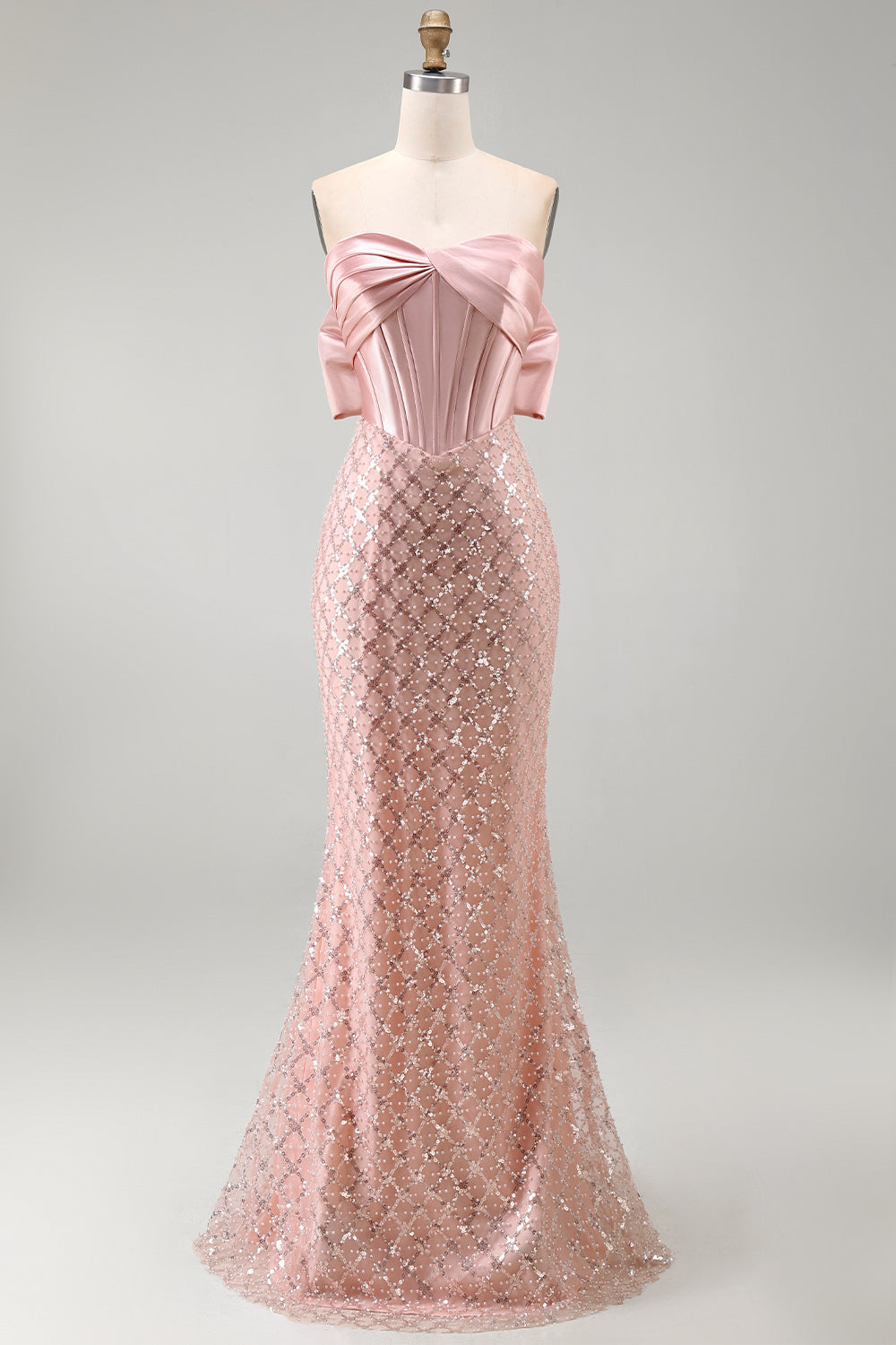Strapless Beaded Sparkly Blush Long Mermaid Corset Formal Dress with Bow