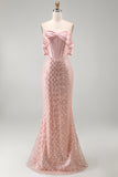 Strapless Beaded Sparkly Blush Long Mermaid Corset Formal Dress with Bow