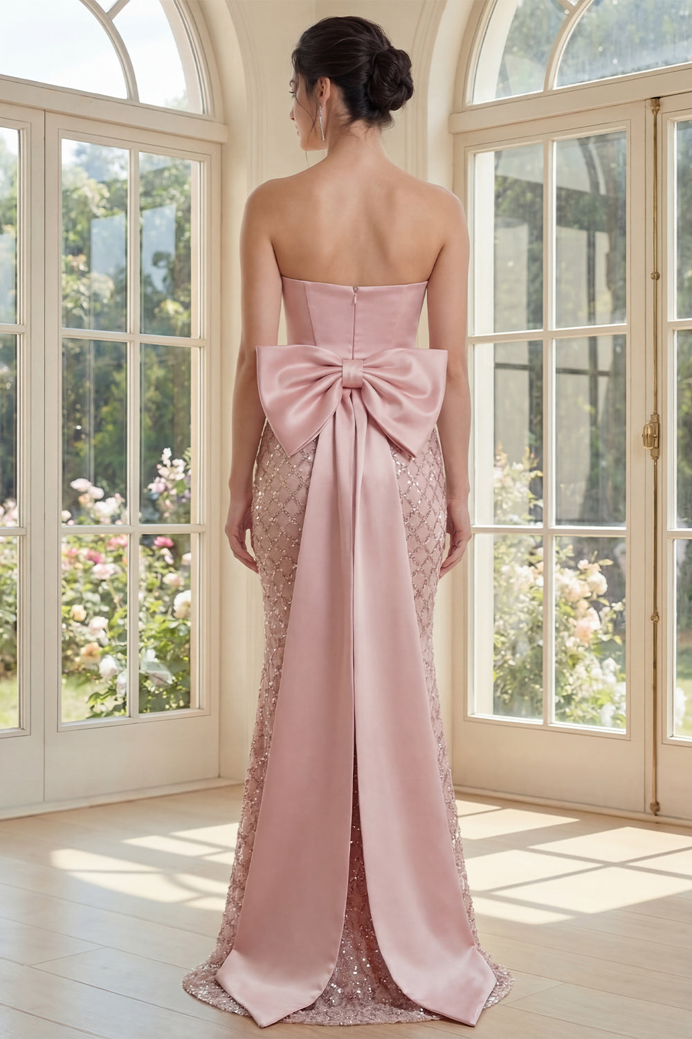 Strapless Beaded Sparkly Blush Long Mermaid Corset Formal Dress with Bow