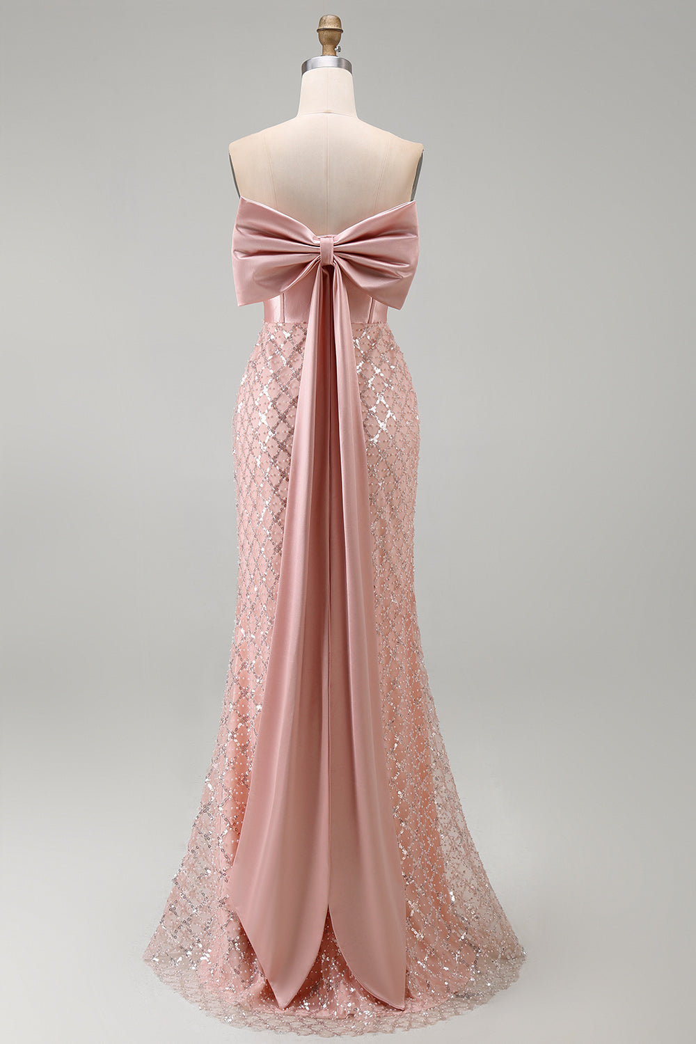 Strapless Beaded Sparkly Blush Long Mermaid Corset Formal Dress with Bow