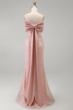 Strapless Beaded Sparkly Blush Long Mermaid Corset Formal Dress with Bow