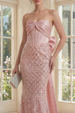 Strapless Beaded Sparkly Blush Long Mermaid Corset Formal Dress with Bow