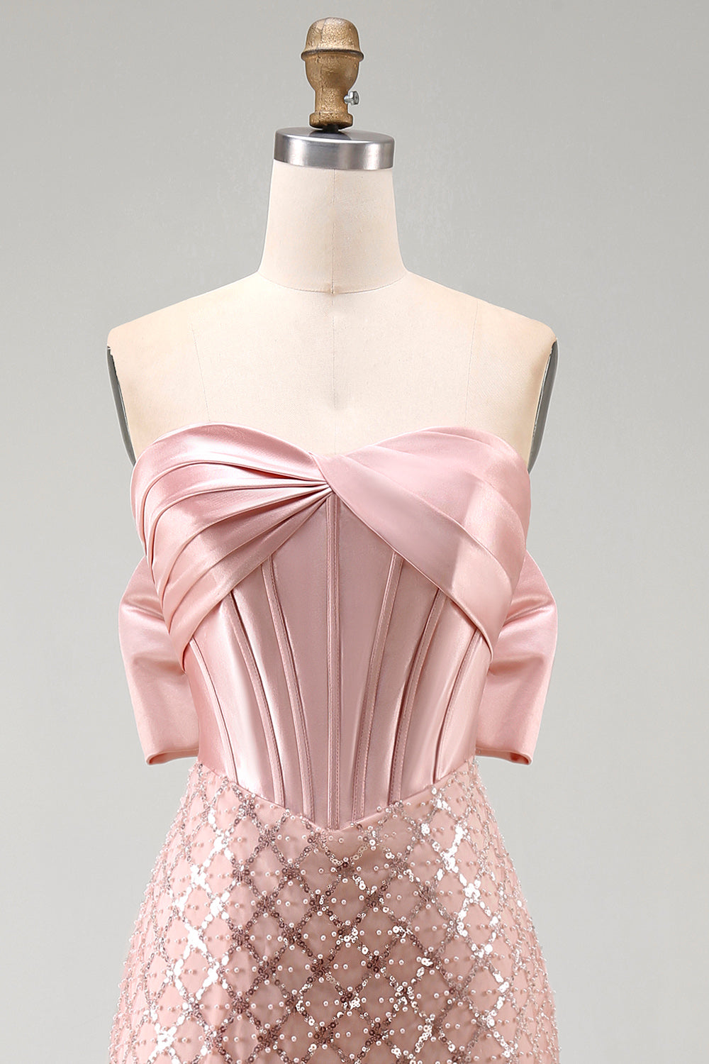 Strapless Beaded Sparkly Blush Long Mermaid Corset Formal Dress with Bow