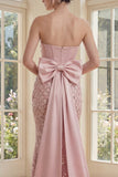 Strapless Beaded Sparkly Blush Long Mermaid Corset Formal Dress with Bow