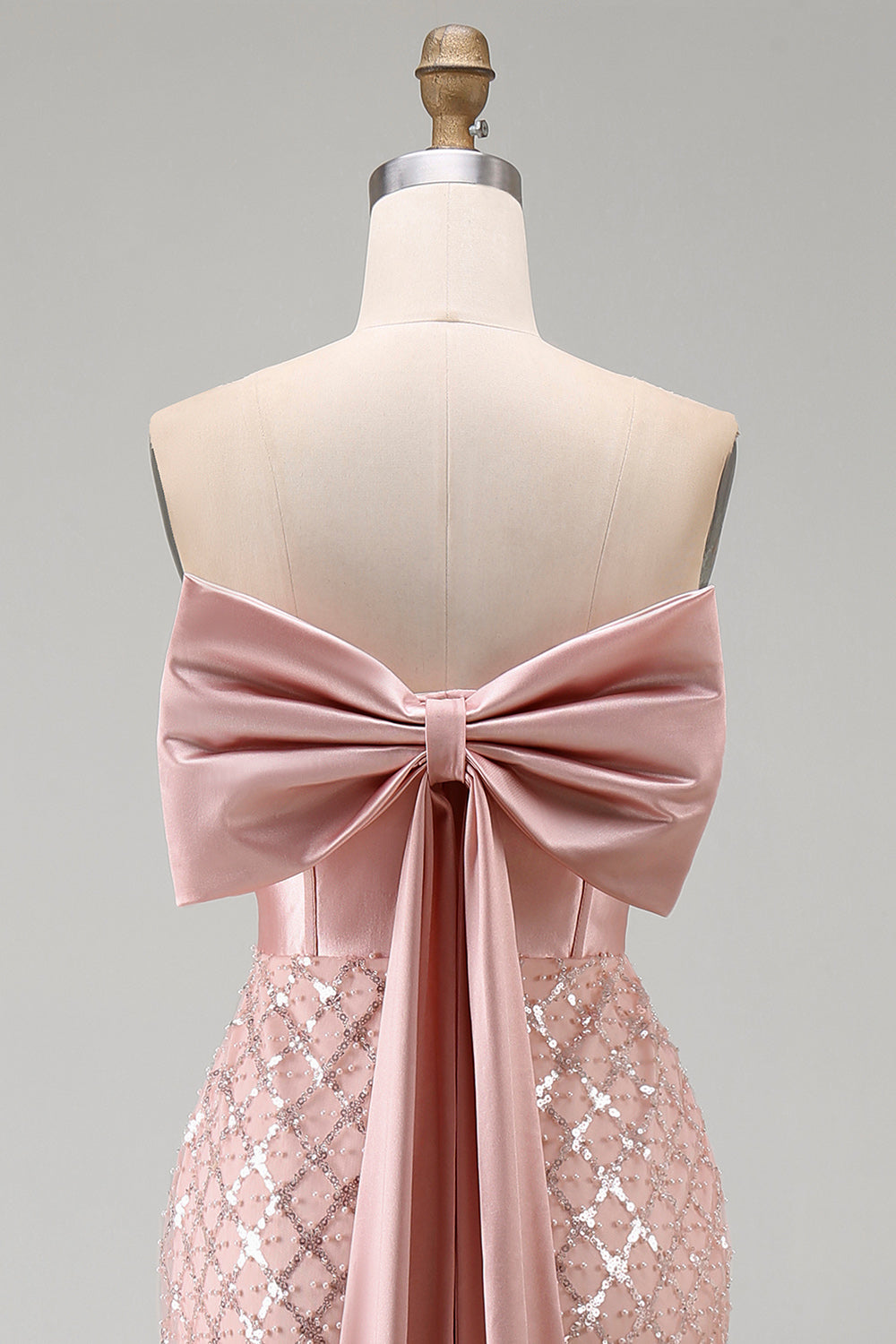 Strapless Beaded Sparkly Blush Long Mermaid Corset Formal Dress with Bow