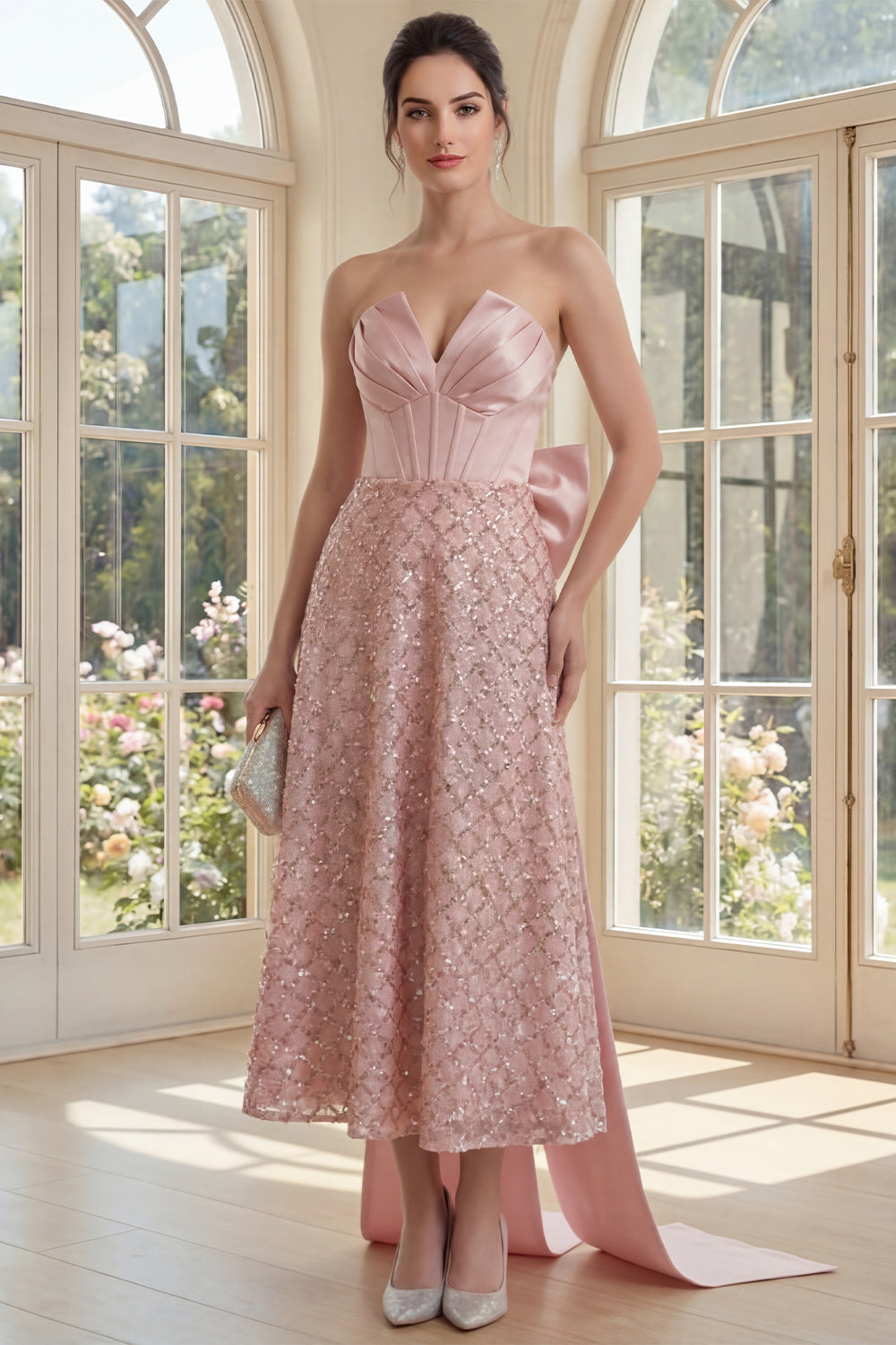 V-Neck Sequin Sparkly Blush Maxi A Line Corset Wedding Guest Dress with Bow