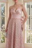 V-Neck Sequin Sparkly Blush Maxi A Line Corset Wedding Guest Dress with Bow
