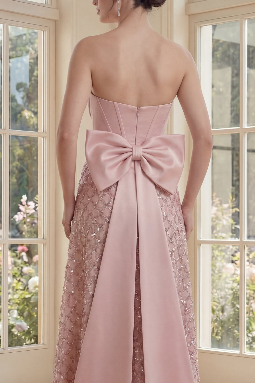 V-Neck Sequin Sparkly Blush Maxi A Line Corset Wedding Guest Dress with Bow