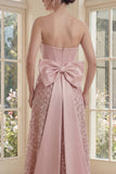 V-Neck Sequin Sparkly Blush Maxi A Line Corset Wedding Guest Dress with Bow