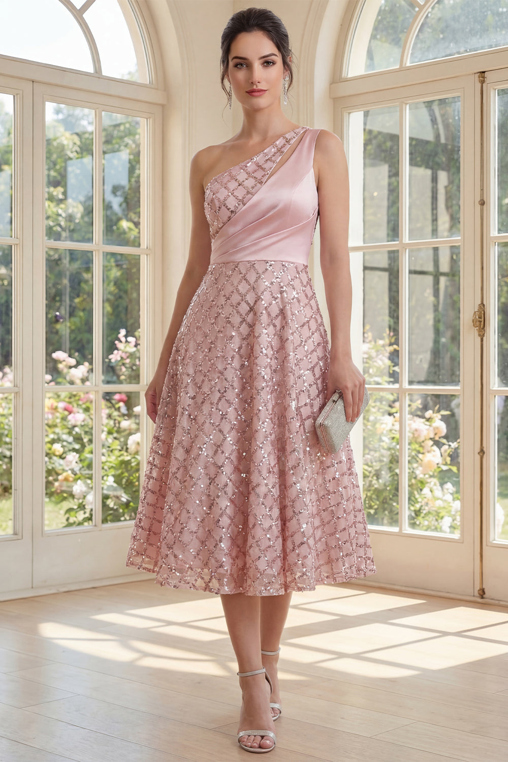 One Shoulder Keyhole Sparkly Blush Maxi A Line Wedding Guest Dress with Sequin