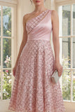 One Shoulder Keyhole Sparkly Blush Maxi A Line Wedding Guest Dress with Sequin