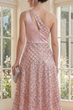 One Shoulder Keyhole Sparkly Blush Maxi A Line Wedding Guest Dress with Sequin