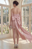 Sparkly Blush Tight Short Strapless Sequin Corset Wedding Guest Dress with Bow