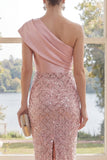 Knee Length One Shoulder Sparkly Blush Bodycon Sequin Wedding Guest Dress with 3D Flowers