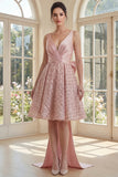 A Line Sparkly Blush V-Neck Short Sequin Ruched Wedding Guest Dress with Bow