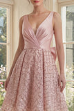 A Line Sparkly Blush V-Neck Short Sequin Ruched Wedding Guest Dress with Bow