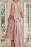 A Line Sparkly Blush V-Neck Short Sequin Ruched Wedding Guest Dress with Bow