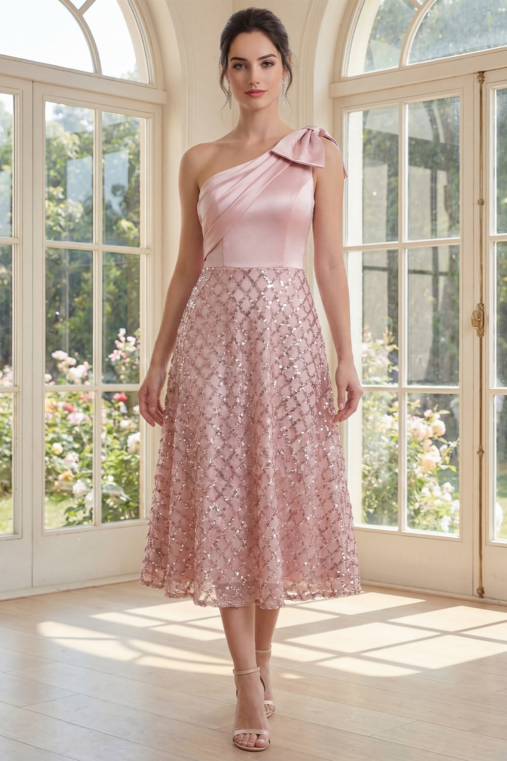 Sequin One Shoulder Sparkly Blush Maxi A Line Wedding Guest Dress with Bow