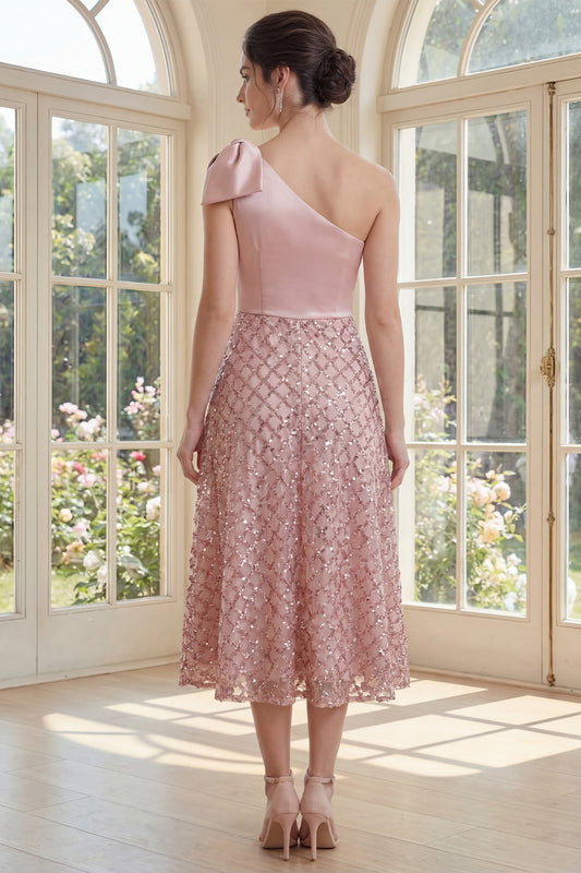 Sequin One Shoulder Sparkly Blush Maxi A Line Wedding Guest Dress with Bow