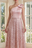 Sequin One Shoulder Sparkly Blush Maxi A Line Wedding Guest Dress with Bow