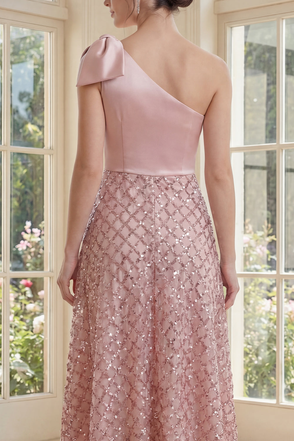 Sequin One Shoulder Sparkly Blush Maxi A Line Wedding Guest Dress with Bow