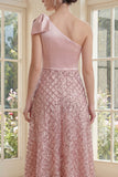 Sequin One Shoulder Sparkly Blush Maxi A Line Wedding Guest Dress with Bow