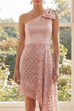 Asymmetrical Sparkly Blush One Shoulder Sequin Wedding Guest Dress with Bow