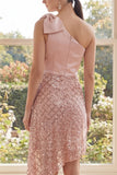 Asymmetrical Sparkly Blush One Shoulder Sequin Wedding Guest Dress with Bow