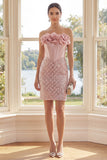 Corset Sparkly Blush Short Strapless Sequin Wedding Guest Dress with 3D Flowers