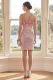 Corset Sparkly Blush Short Strapless Sequin Wedding Guest Dress with 3D Flowers