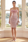 Corset Sparkly Blush Short Strapless Sequin Wedding Guest Dress with 3D Flowers