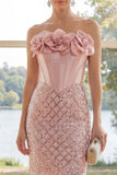 Corset Sparkly Blush Short Strapless Sequin Wedding Guest Dress with 3D Flowers