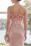 Corset Sparkly Blush Short Strapless Sequin Wedding Guest Dress with 3D Flowers
