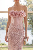 Corset Sparkly Blush Short Strapless Sequin Wedding Guest Dress with 3D Flowers