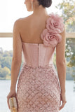 Corset Sparkly Blush Tight Short Sequin Wedding Guest Dress with 3D Flowers
