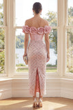 Sparkly Blush Sheath Corset Sequin Maxi Wedding Guest Dress with 3D Flowers