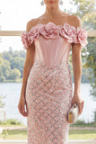 Sparkly Blush Sheath Corset Sequin Maxi Wedding Guest Dress with 3D Flowers