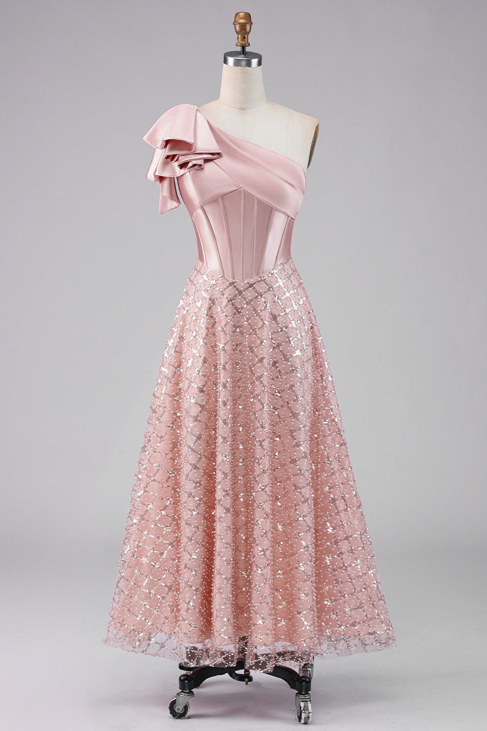 Sparkly Blush Maxi A Line Sequin Corset One Shoulder Wedding Guest Dress with Bow