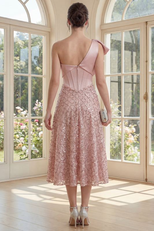 Sparkly Blush Maxi A Line Sequin Corset One Shoulder Wedding Guest Dress with Bow