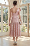 Sparkly Blush Maxi A Line Sequin Corset One Shoulder Wedding Guest Dress with Bow